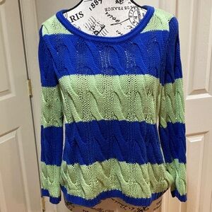 Neiman Marcus Blue and Light Green Striped Cable-Knit 3/4 Sleeve Sweater SzSmall